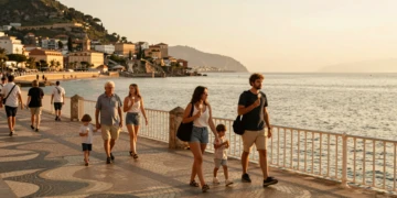 Paseo marítimo español al atardecer con locales y turistas paseando junto al mar Mediterráneo en verano