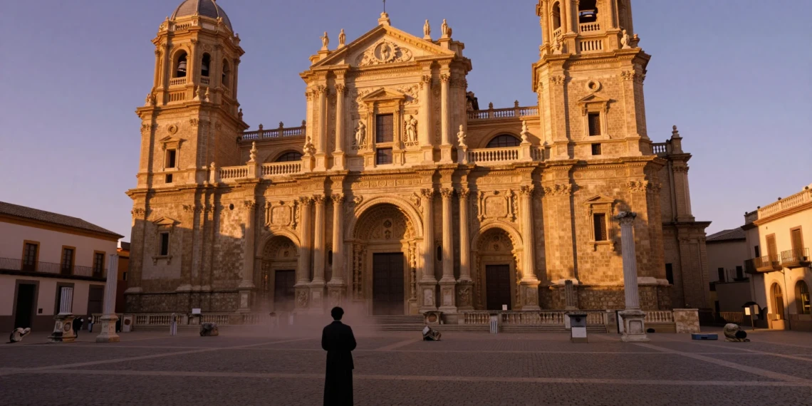 Fachada barroca de la Catedral de Murcia al atardecer con columnas romanas en primer plano