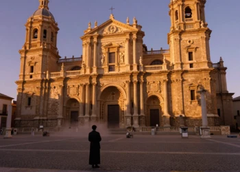 Fachada barroca de la Catedral de Murcia al atardecer con columnas romanas en primer plano