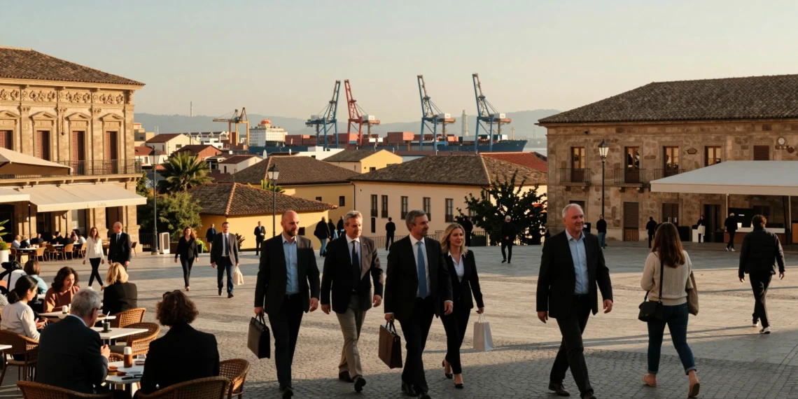 Plaza mediterránea con profesionales y puerto industrial, simbolizando el crecimiento de España e Italia en la eurozona