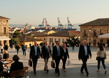 Plaza mediterránea con profesionales y puerto industrial, simbolizando el crecimiento de España e Italia en la eurozona