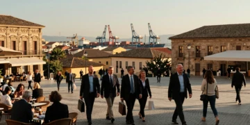Plaza mediterránea con profesionales y puerto industrial, simbolizando el crecimiento de España e Italia en la eurozona