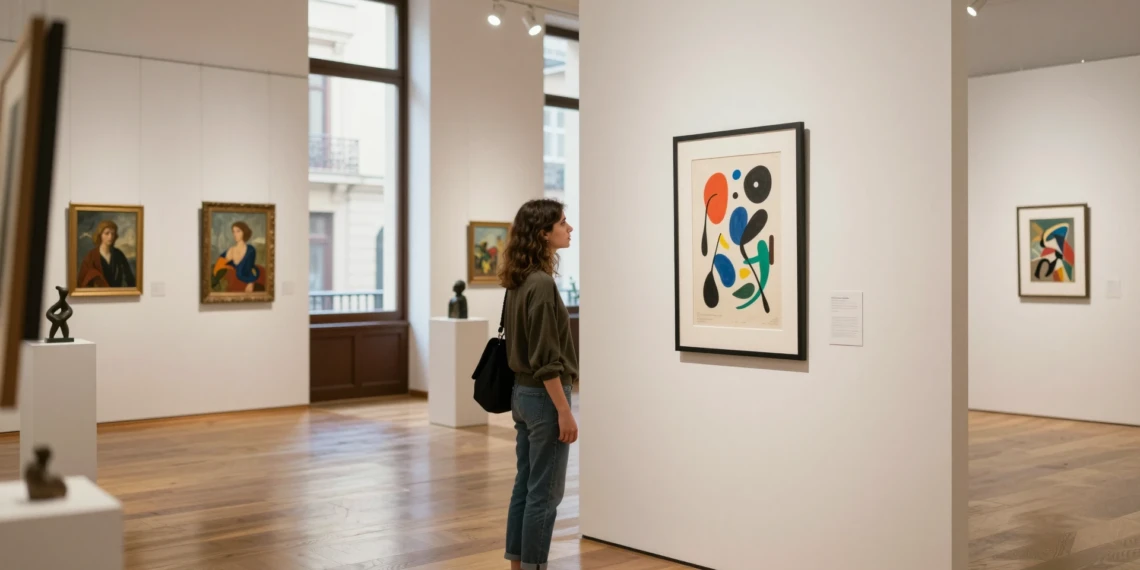 Joven mujer contemplando una litografía estilo Miró en la sala de subastas Durán de Madrid, barrio de Salamanca