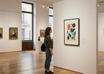 Joven mujer contemplando una litografía estilo Miró en la sala de subastas Durán de Madrid, barrio de Salamanca