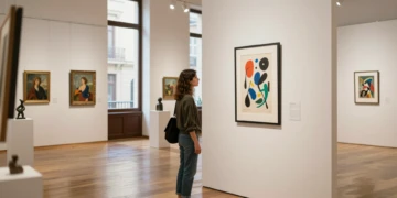 Joven mujer contemplando una litografía estilo Miró en la sala de subastas Durán de Madrid, barrio de Salamanca
