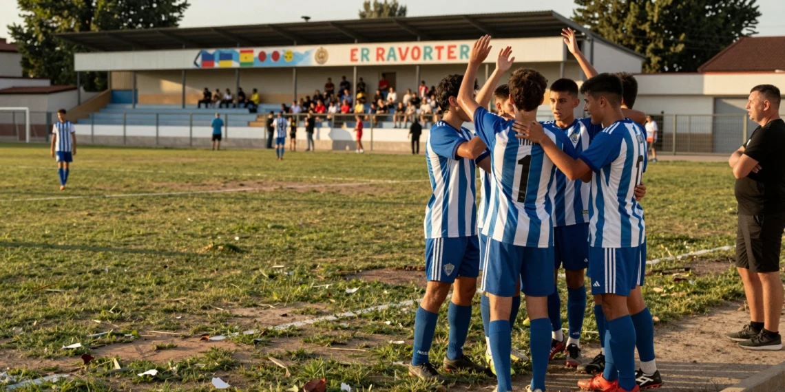 Futbolistas catalanes celebran victoria en amistoso de pretemporada en campo municipal bajo luz dorada de verano