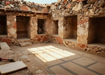 Interior excavado de una sala romana con nichos en piedra y suelo de mosaico en una villa rural de Córdoba, España