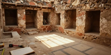 Interior excavado de una sala romana con nichos en piedra y suelo de mosaico en una villa rural de Córdoba, España