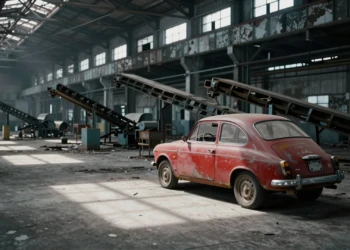 Un Seat 600 rojo abandonado en el interior en ruinas de una fábrica de automóviles española vacía