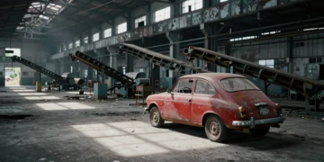Un Seat 600 rojo abandonado en el interior en ruinas de una fábrica de automóviles española vacía