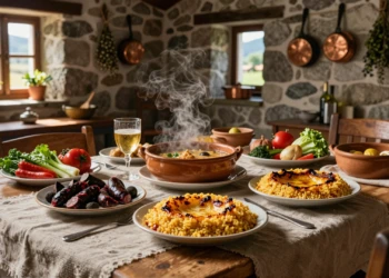 Mesa rústica en cocina asturiana con fabada, cachopo, arroz con leche y sidra sobre mantel de lino
