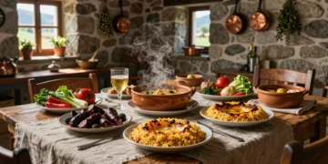 Mesa rústica en cocina asturiana con fabada, cachopo, arroz con leche y sidra sobre mantel de lino