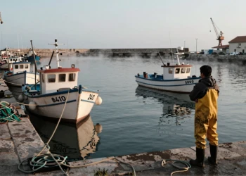 Pescador con flotas amarradas en puerto del norte de España al amanecer, símbolo de la crisis del sector pesquero español.