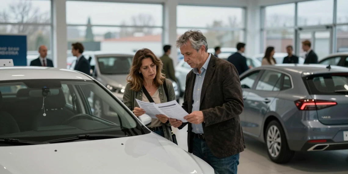 Pareja española en concesionario evaluando precio de utilitario compacto blanco asequible