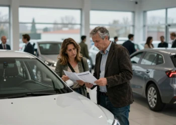 Pareja española en concesionario evaluando precio de utilitario compacto blanco asequible