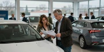 Pareja española en concesionario evaluando precio de utilitario compacto blanco asequible