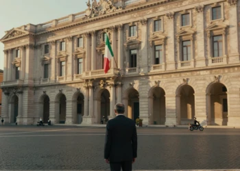Figura solitaria frente al Palazzo Chigi, sede del gobierno italiano en Roma, bajo la luz dorada del atardecer