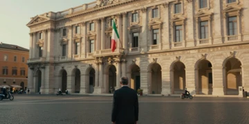 Figura solitaria frente al Palazzo Chigi, sede del gobierno italiano en Roma, bajo la luz dorada del atardecer
