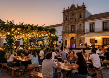 Jardín cervecero al aire libre en una plaza histórica de Murcia durante la Feria de Septiembre al atardecer