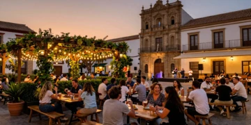 Jardín cervecero al aire libre en una plaza histórica de Murcia durante la Feria de Septiembre al atardecer