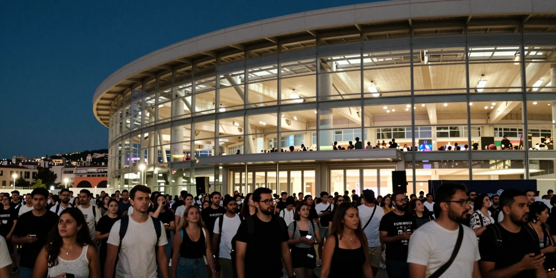 Multitud de asistentes a un concierto frente a un gran pabellón moderno iluminado de noche en una ciudad mediterránea