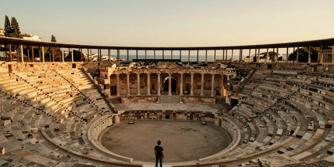 Viajero contemplando el Teatro Romano de Cartagena al atardecer con el Mar Mediterráneo al fondo