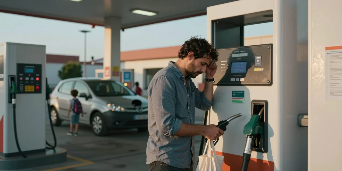 Hombre español repostando combustible en gasolinera de autoservicio, mirando preocupado el precio en el surtidor
