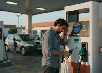 Hombre español repostando combustible en gasolinera de autoservicio, mirando preocupado el precio en el surtidor