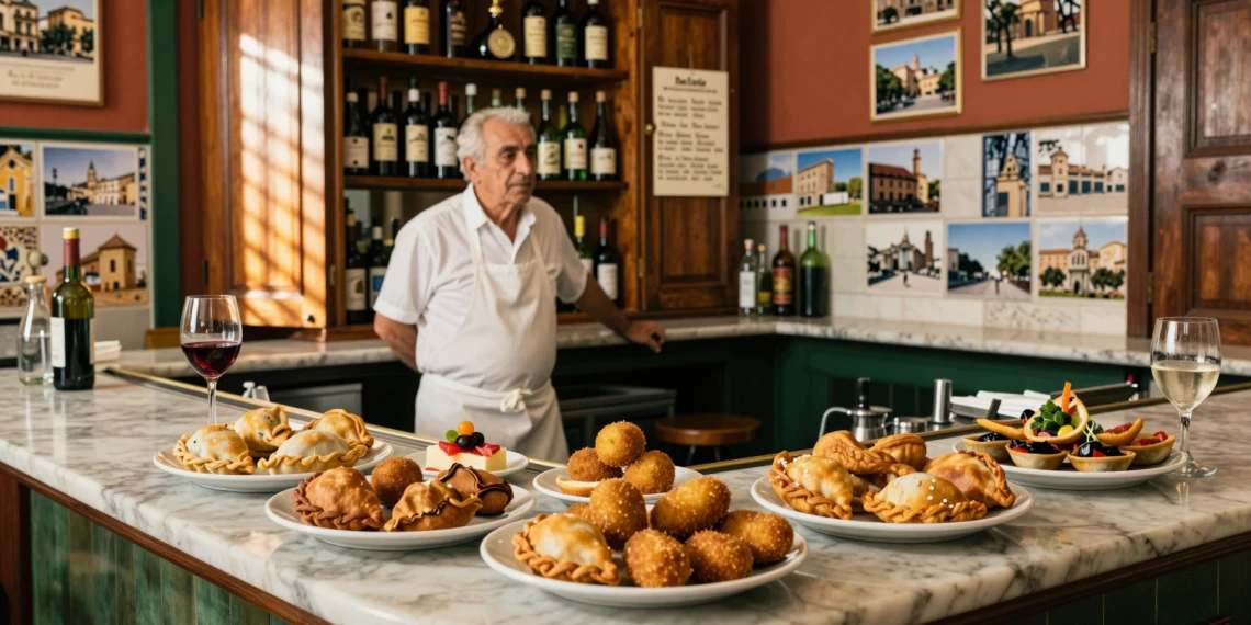 Taberna centenaria en Murcia con tapas tradicionales, croquetas y vino local sobre una barra de mármol rústica