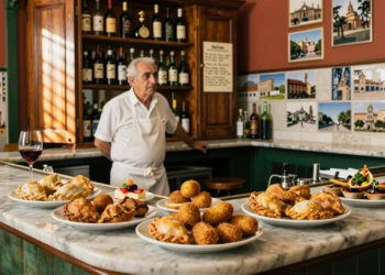 Taberna centenaria en Murcia con tapas tradicionales, croquetas y vino local sobre una barra de mármol rústica