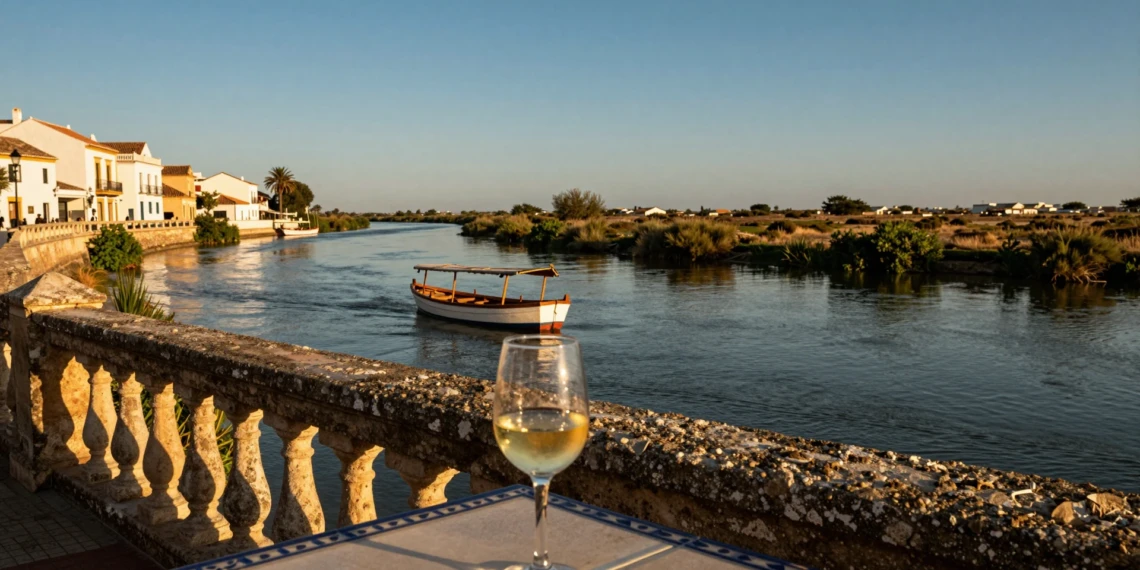 Copa de manzanilla dorada al atardecer junto al Guadalquivir en Sanlúcar de Barrameda, con Doñana al fondo