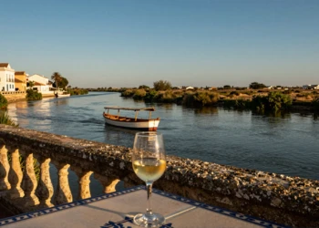 Copa de manzanilla dorada al atardecer junto al Guadalquivir en Sanlúcar de Barrameda, con Doñana al fondo