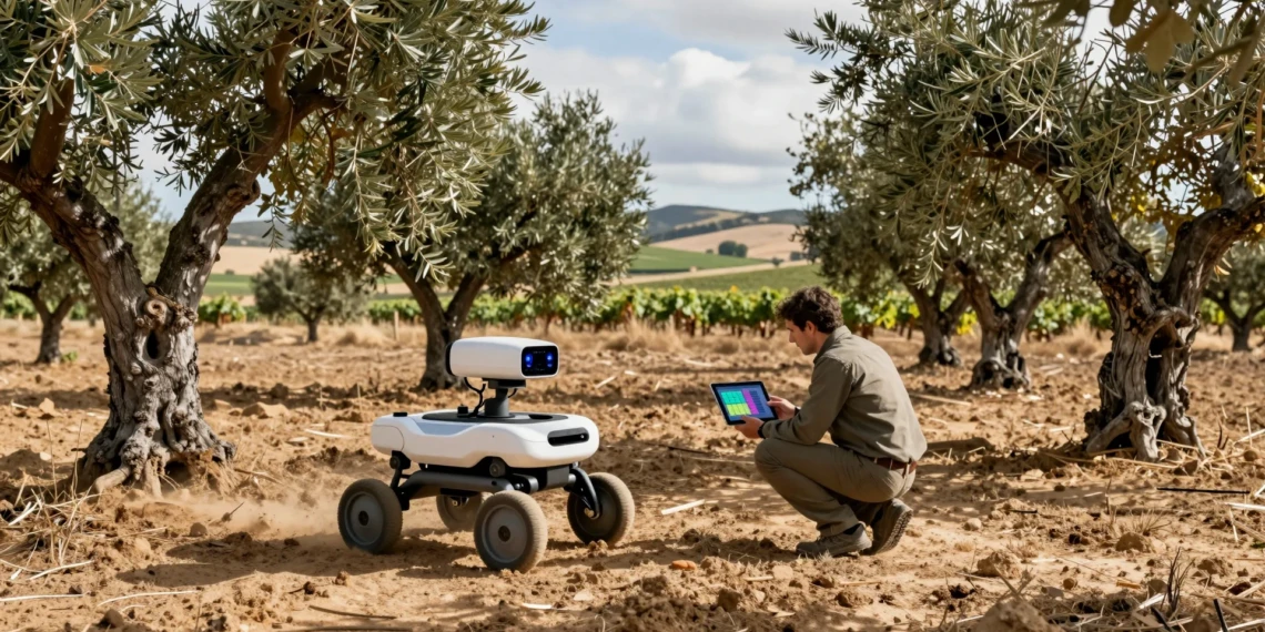 Robot autónomo de cuatro patas entre olivos andaluces junto a investigador con tablet en el campo español