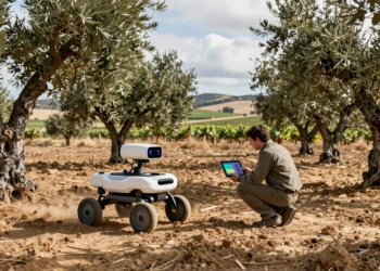 Robot autónomo de cuatro patas entre olivos andaluces junto a investigador con tablet en el campo español