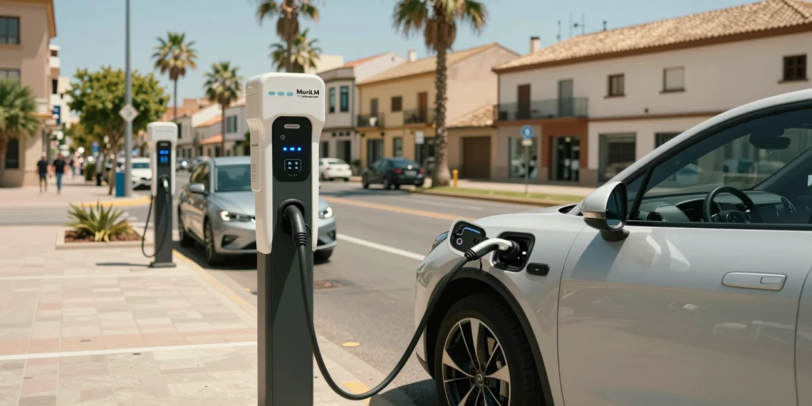 Vehículo eléctrico enchufándose en una estación de carga pública en una calle urbana soleada de Murcia, España