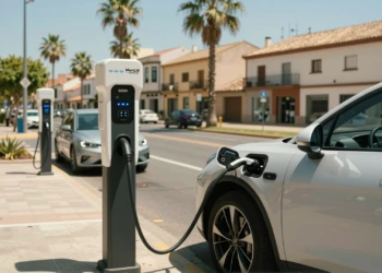 Vehículo eléctrico enchufándose en una estación de carga pública en una calle urbana soleada de Murcia, España
