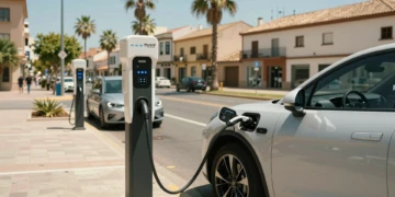 Vehículo eléctrico enchufándose en una estación de carga pública en una calle urbana soleada de Murcia, España