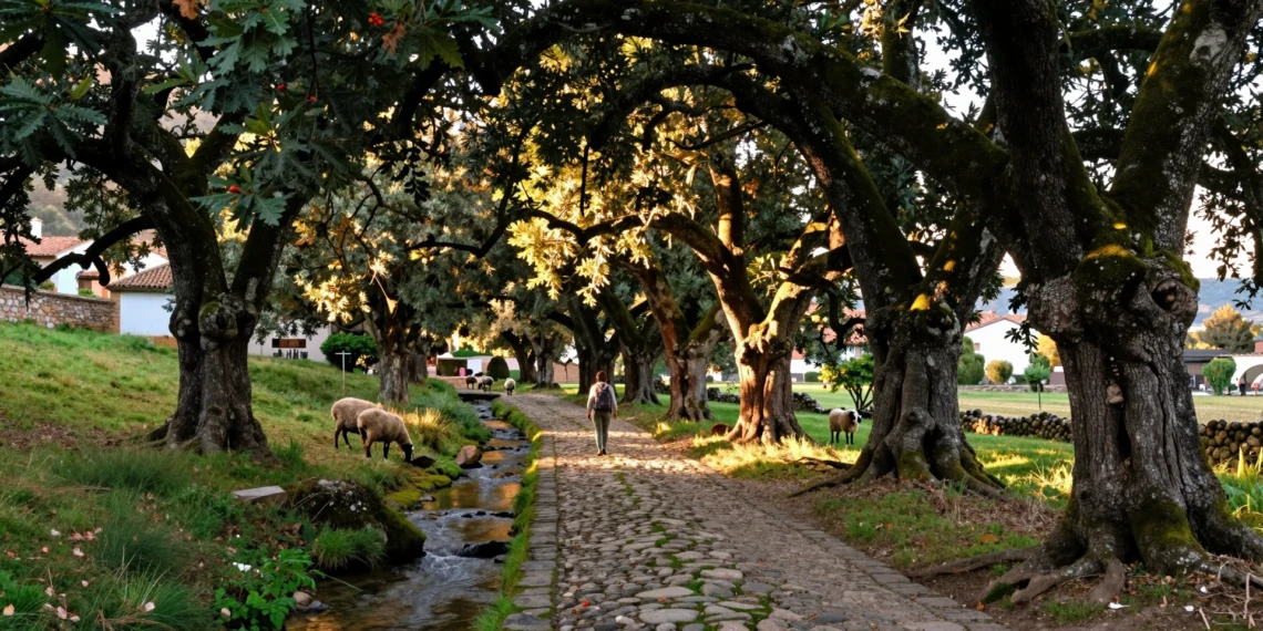 Senderista en un camino empedrado entre castaños centenarios y robles en la Sierra de Aracena, Galaroza, Huelva