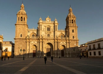 Catedral de Murcia iluminada por la luz dorada del atardecer sobre la Plaza del Cardenal Belluga, con su fachada barroca