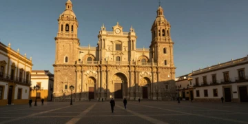 Catedral de Murcia iluminada por la luz dorada del atardecer sobre la Plaza del Cardenal Belluga, con su fachada barroca