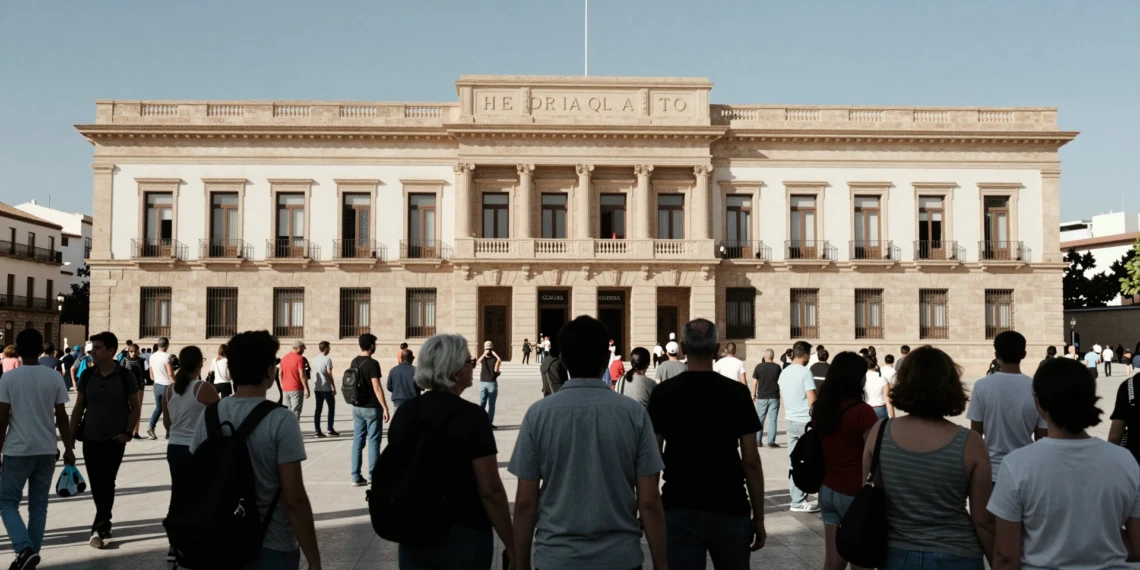 Ciudadanos frente a edificio gubernamental en Murcia, representando habitantes ignorados en la financiación autonómica