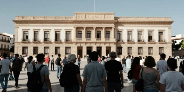 Ciudadanos frente a edificio gubernamental en Murcia, representando habitantes ignorados en la financiación autonómica