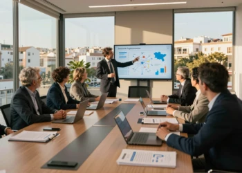 Líderes empresariales y funcionarios de Murcia reunidos en sala de juntas debatiendo el cooperativismo español