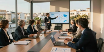 Líderes empresariales y funcionarios de Murcia reunidos en sala de juntas debatiendo el cooperativismo español
