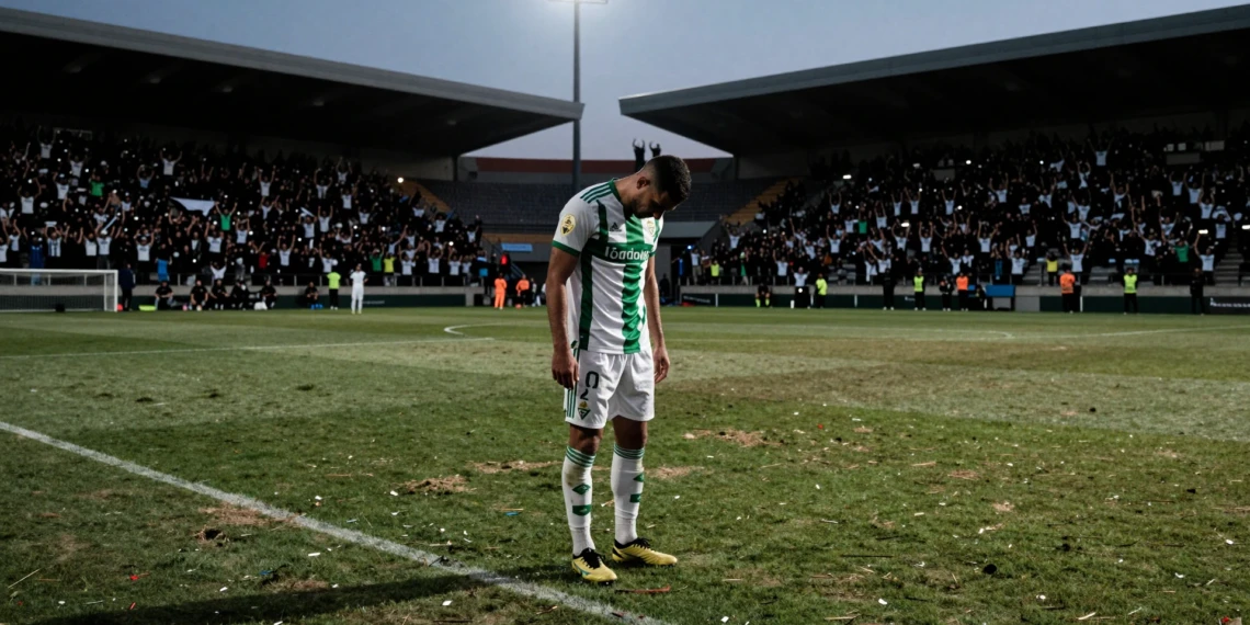 Jugador del Córdoba CF cabizbajo en el centro del campo tras una nueva derrota en zona de descenso