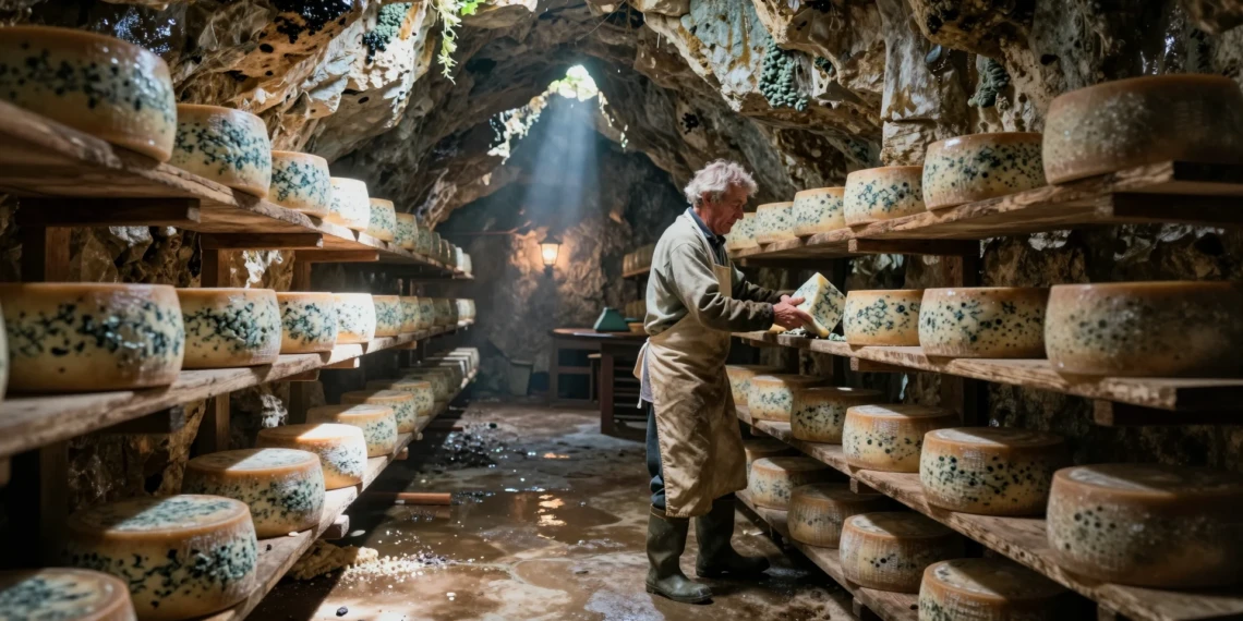 Quesero artesano asturiano voltea una rueda de queso azul en una cueva caliza de los Picos de Europa