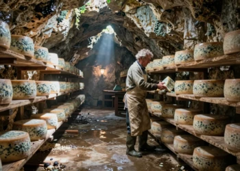 Quesero artesano asturiano voltea una rueda de queso azul en una cueva caliza de los Picos de Europa