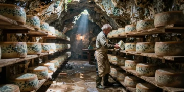 Quesero artesano asturiano voltea una rueda de queso azul en una cueva caliza de los Picos de Europa