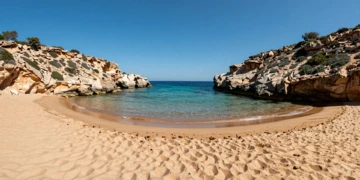 Cala virgen de la Costa Cálida de Murcia con dunas fósiles ocres, arena dorada y aguas cristalinas turquesa