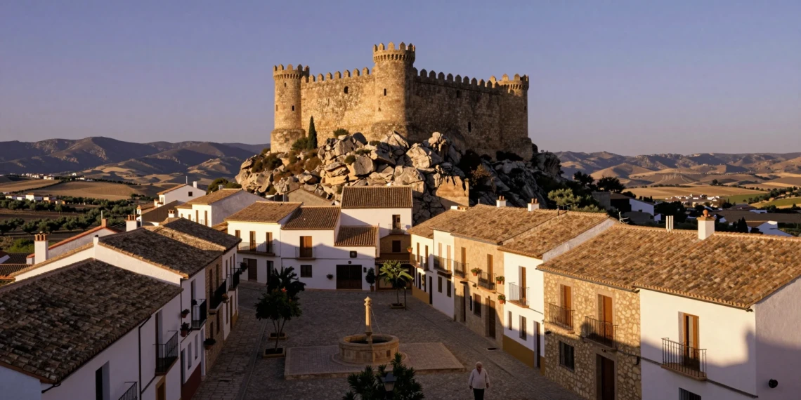 Castillo medieval en lo alto de un pueblo de Murcia con casas encaladas y calles empedradas al atardecer